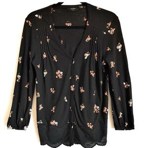 Lucky Brand Floral V-Neck Black Floral Button Up Top Lace Trim, Medium